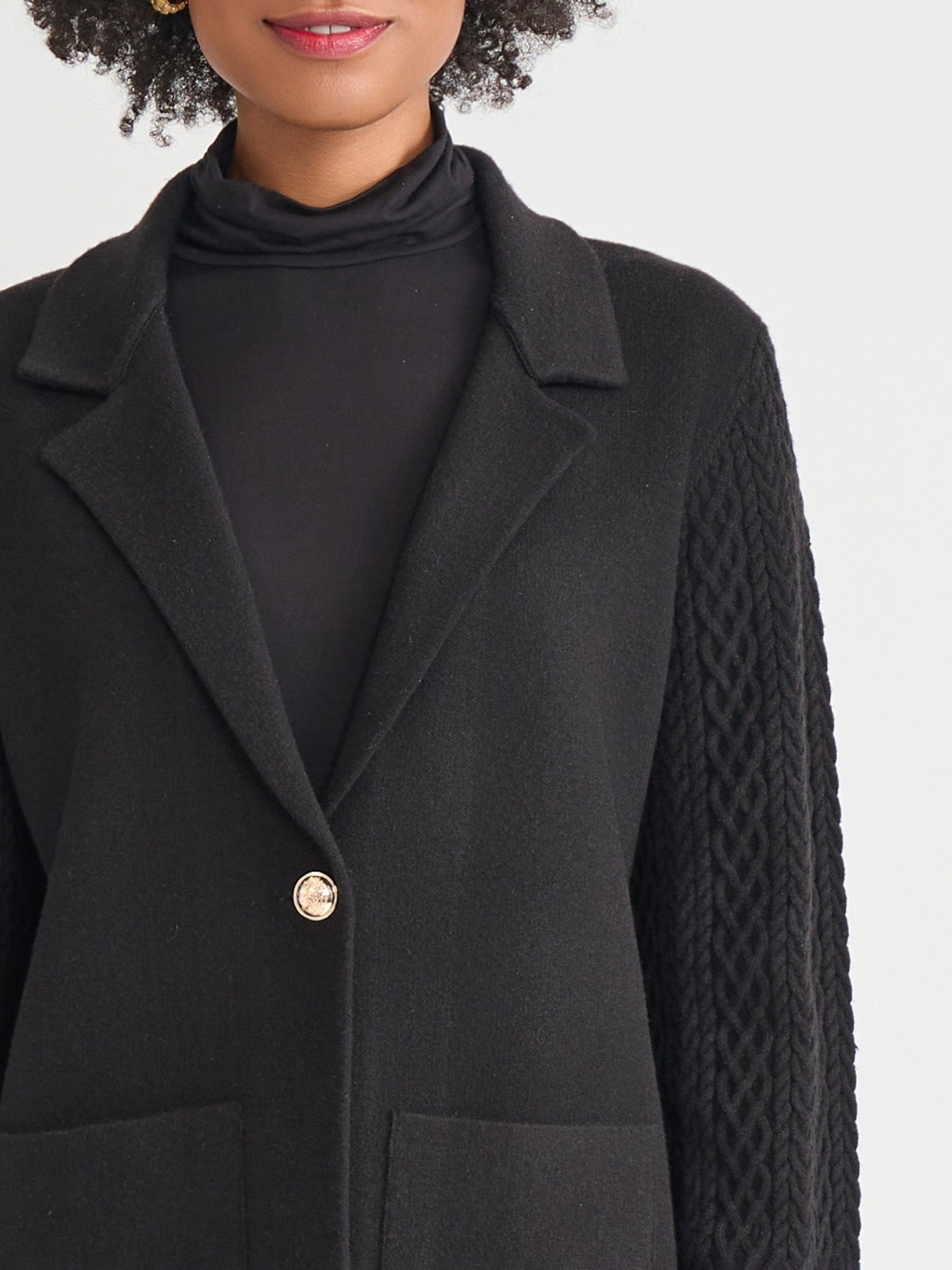 Notch Collar Cable Knit Sleeve Blazer