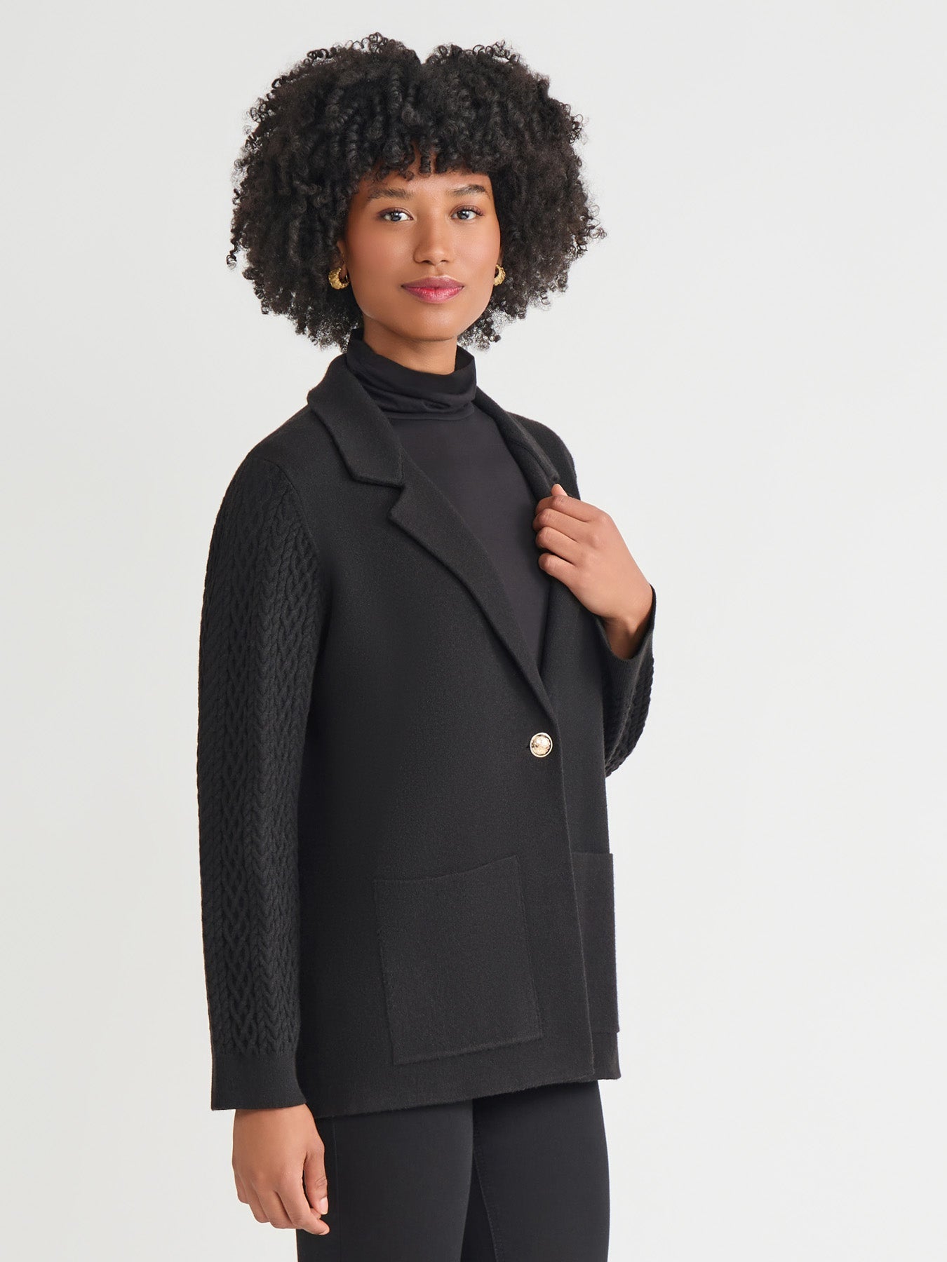 Notch Collar Cable Knit Sleeve Blazer