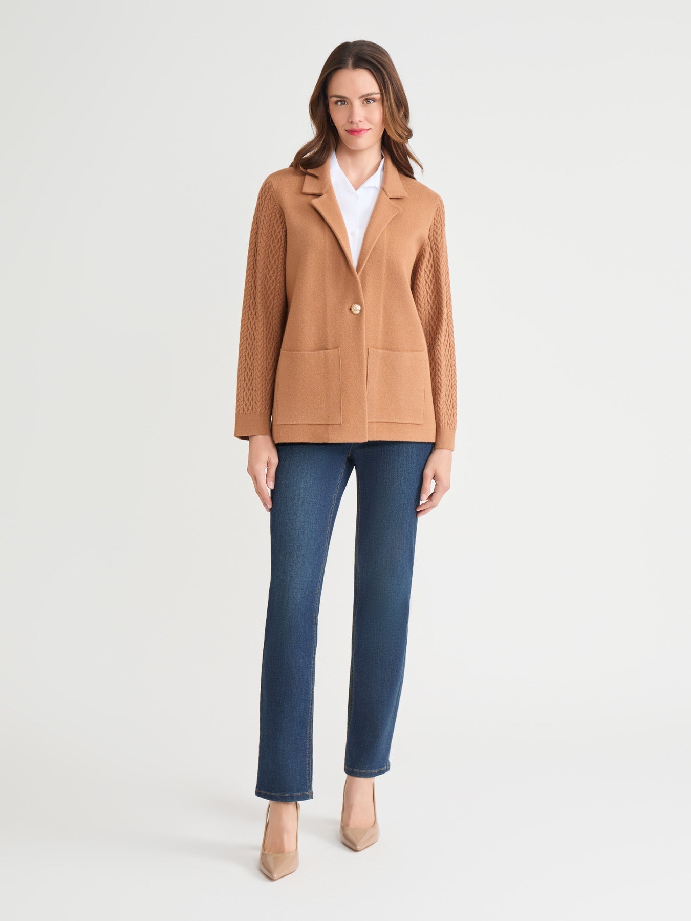 Notch Collar Cable Knit Sleeve Blazer