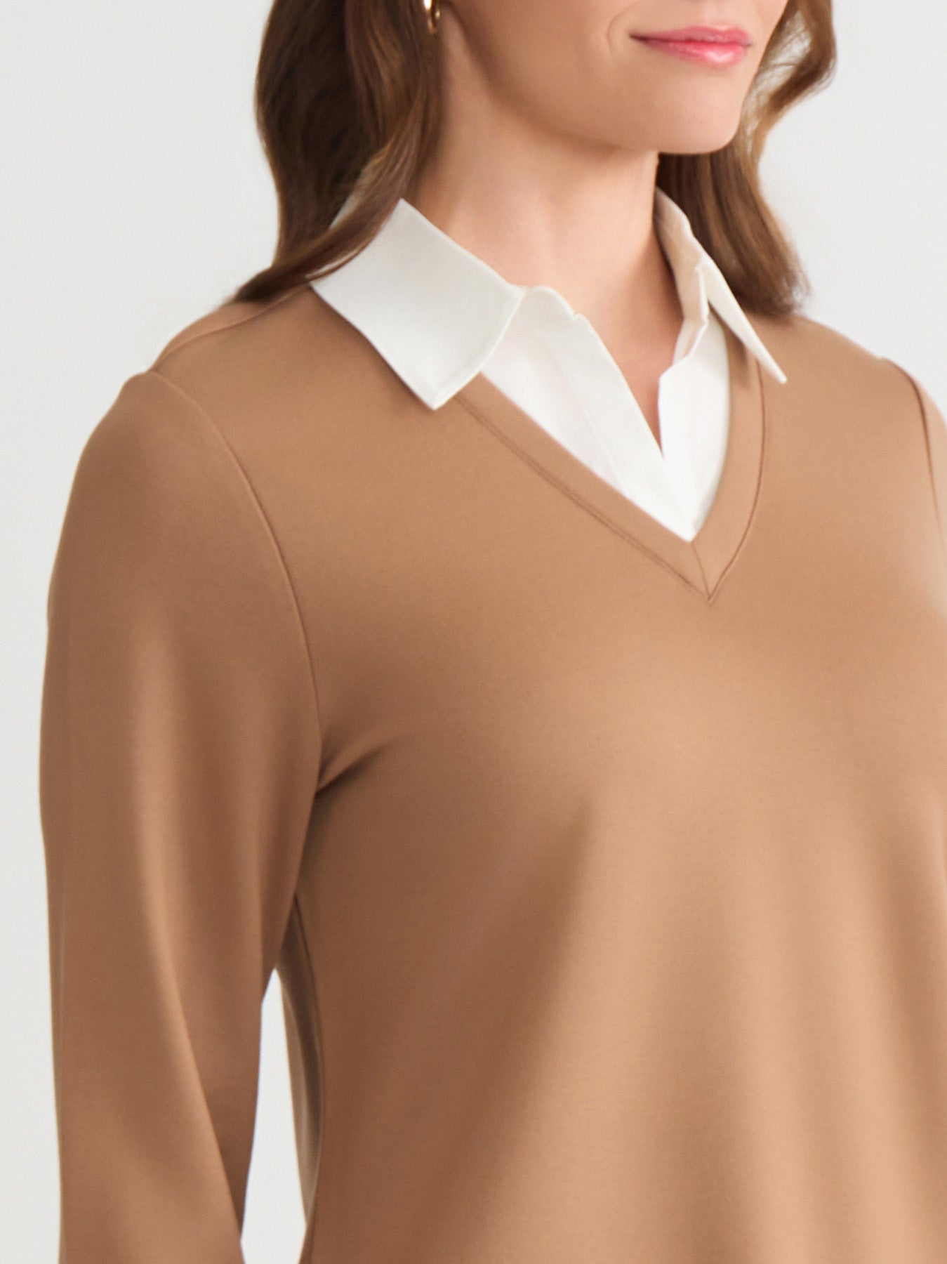 Collared Shirt V-Neck Two-Fer Top, Serenity Knit