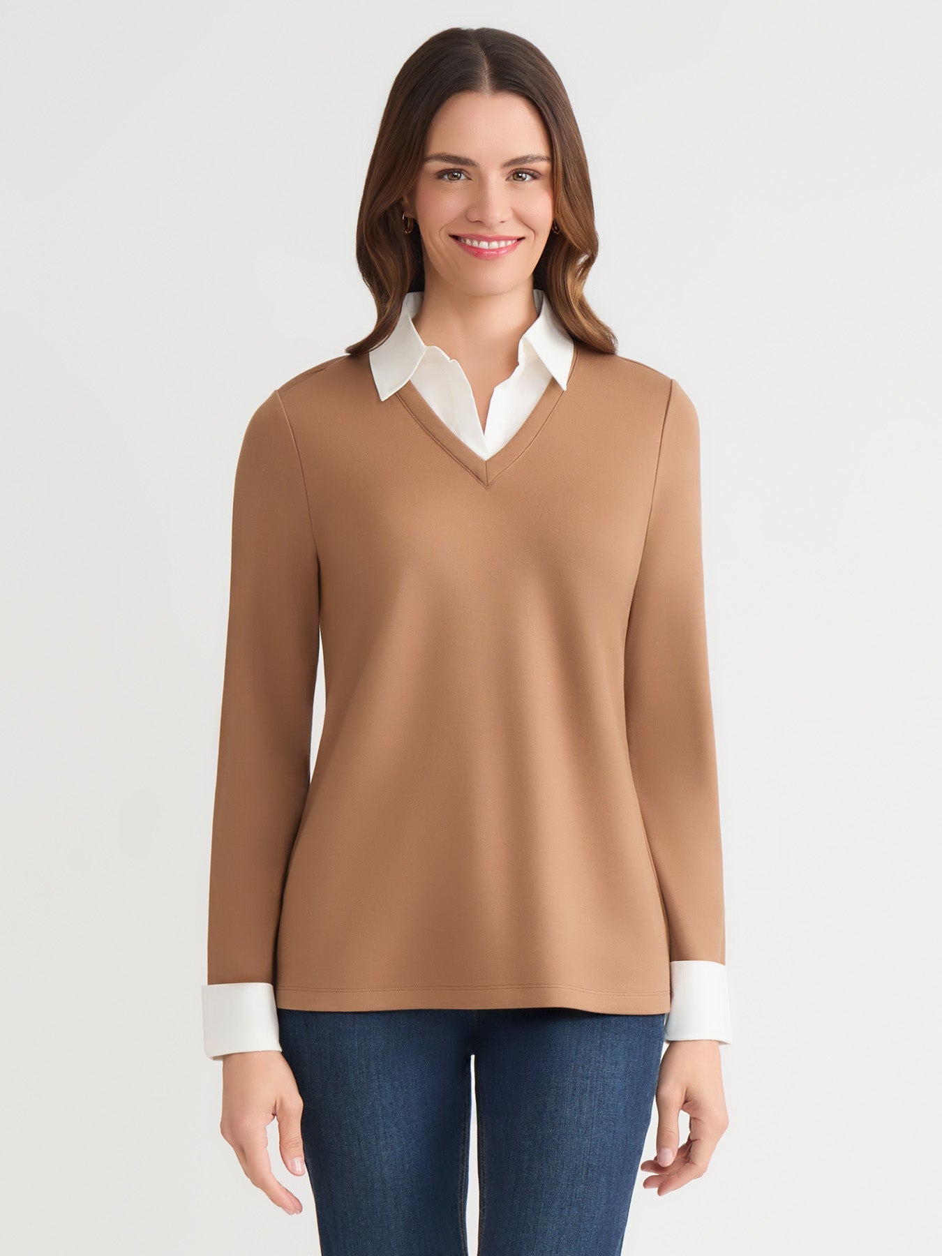 Collared Shirt V-Neck Two-Fer Top, Serenity Knit