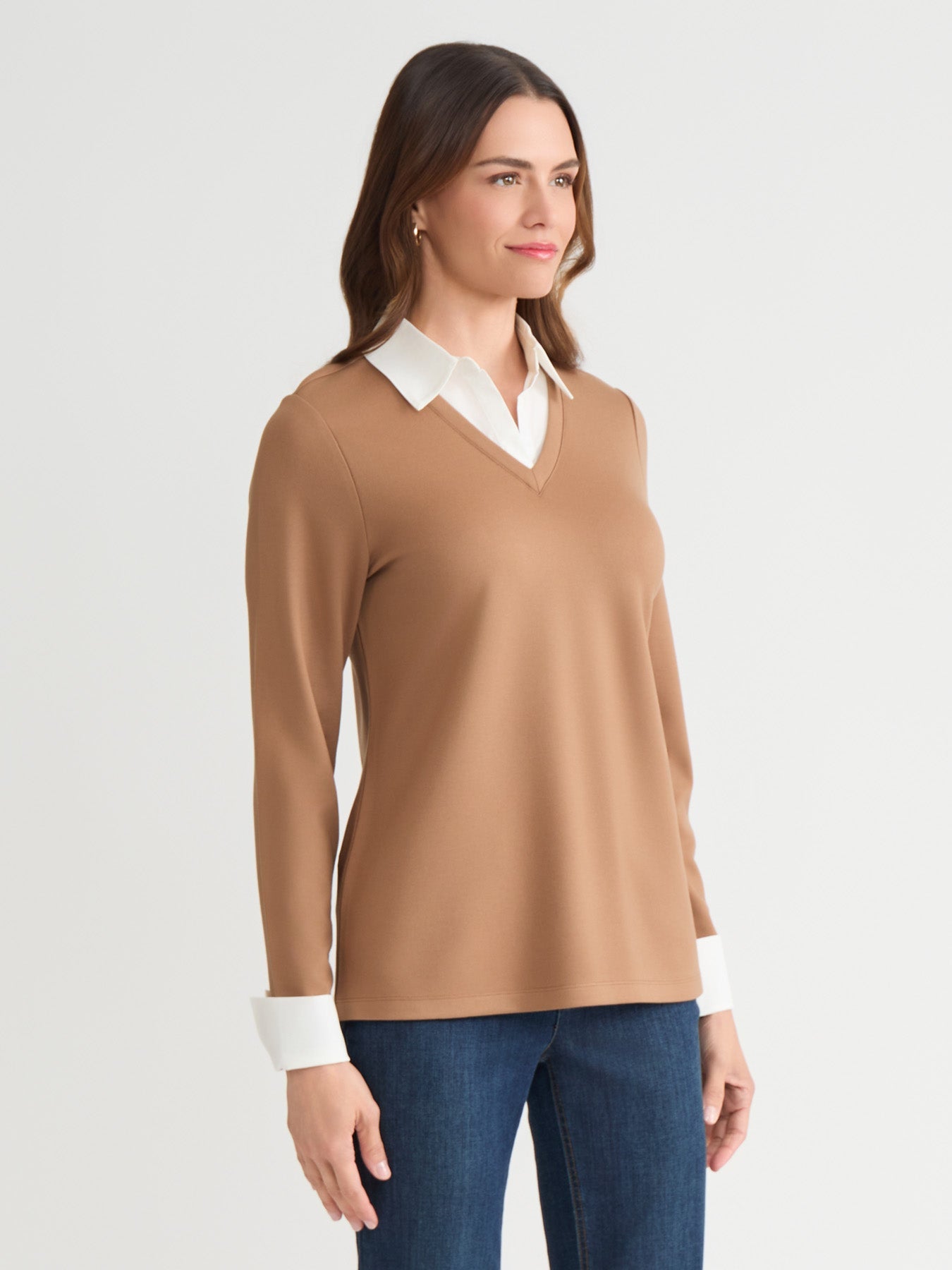 Collared Shirt V-Neck Two-Fer Top, Serenity Knit