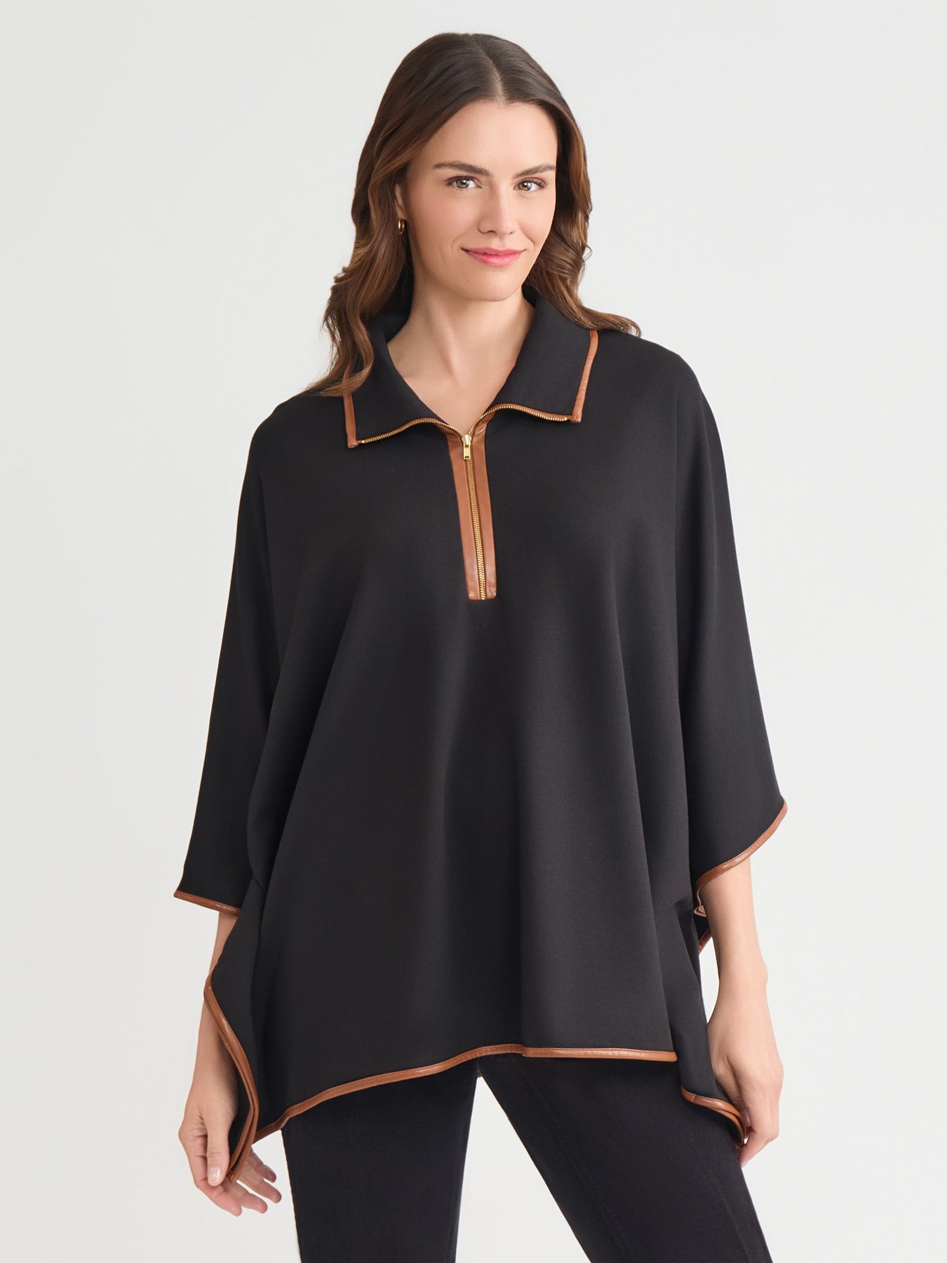 Plus Contrast Trim Poncho, Serenity Knit