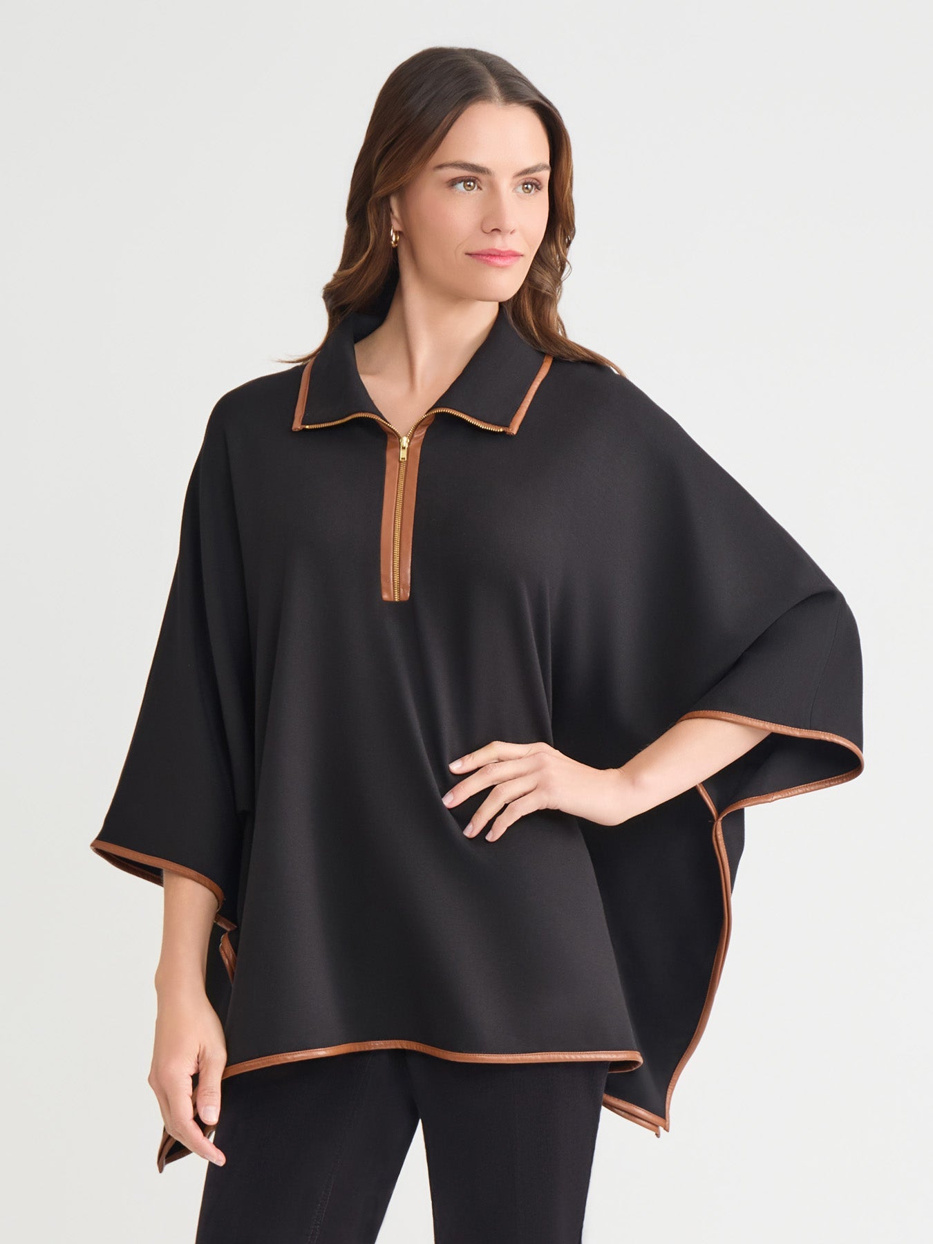 Contrast Trim Poncho, Serenity Knit