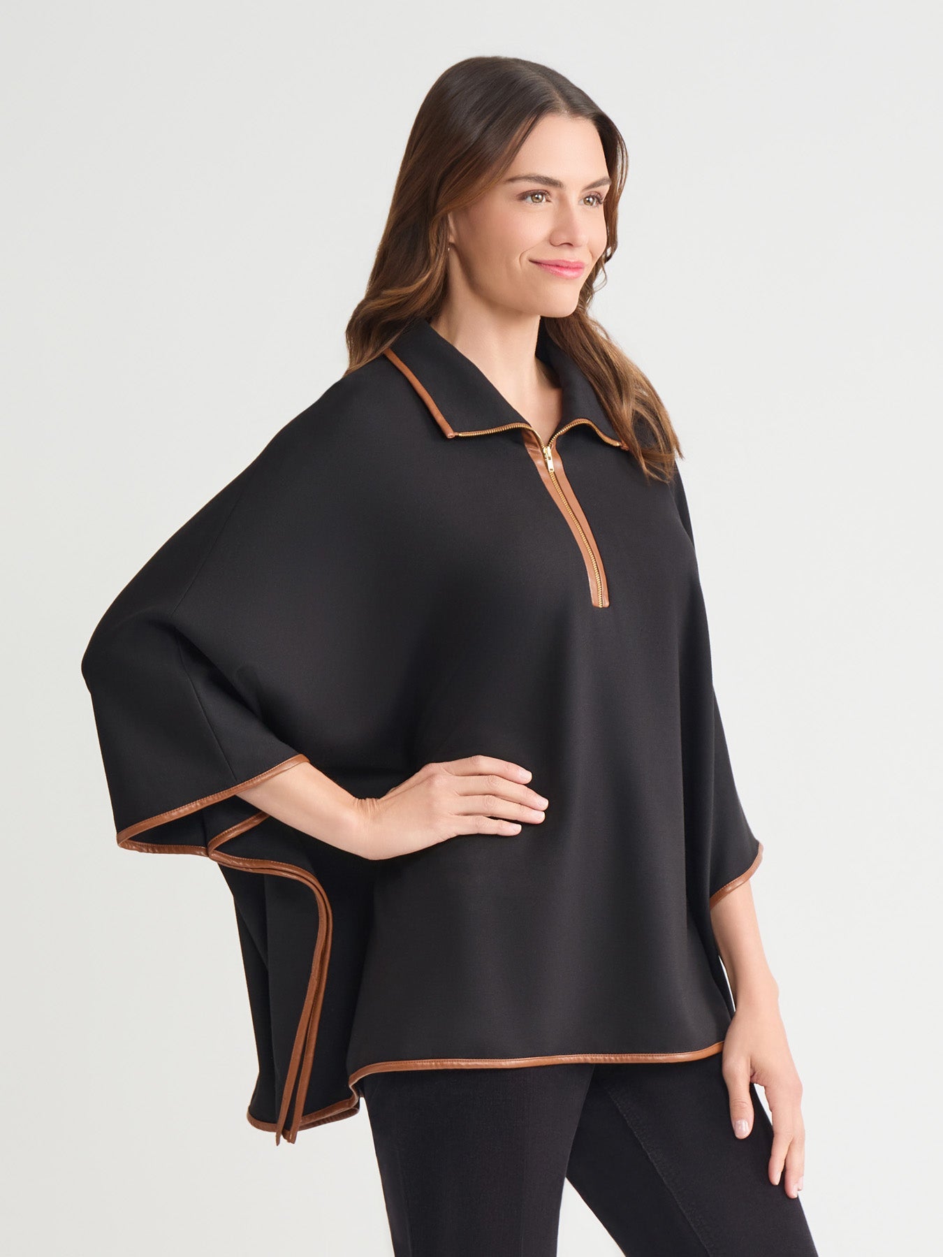 Plus Contrast Trim Poncho, Serenity Knit