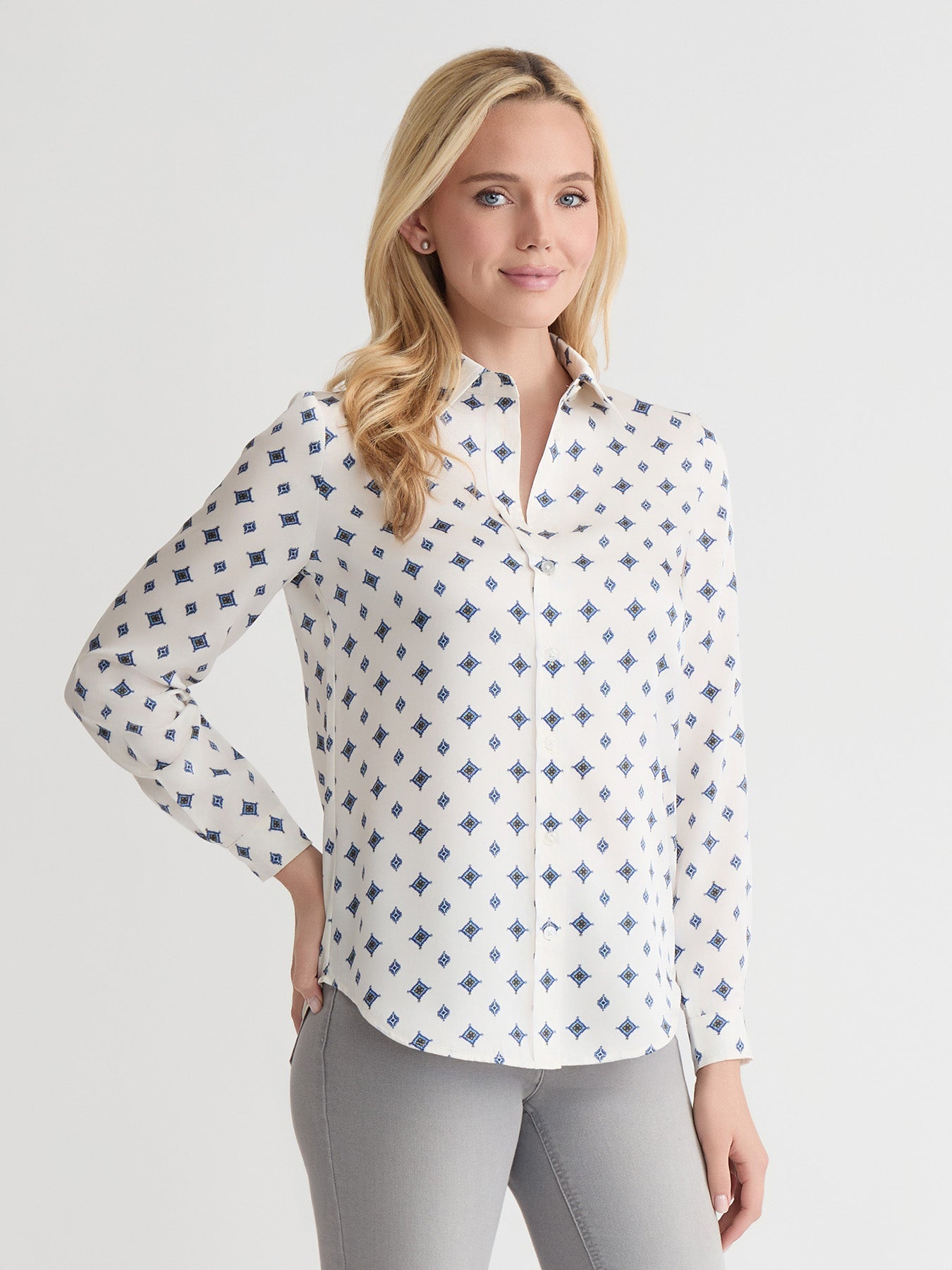 Button Down Blouse, Satin Twill