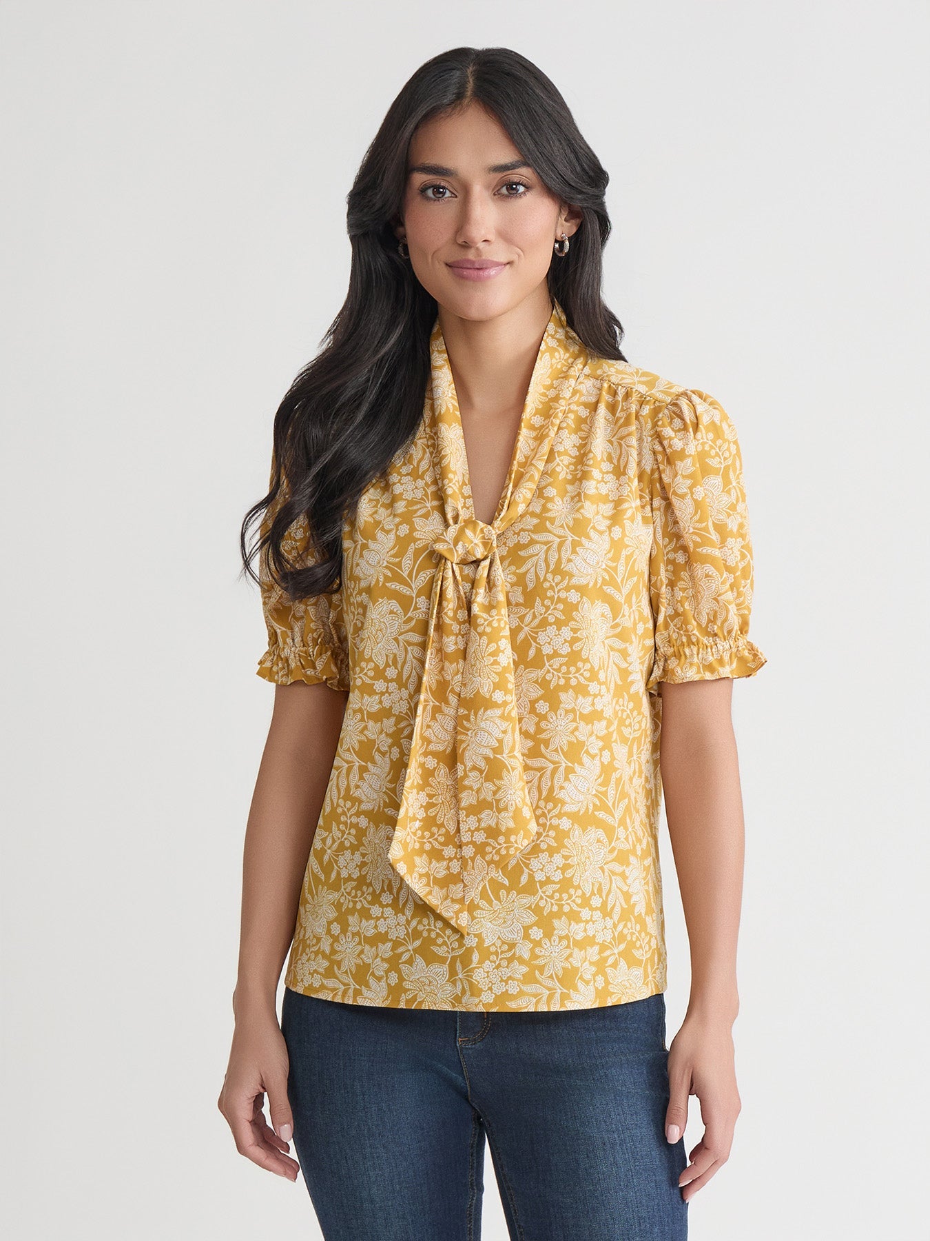 Petite Tie Neck Shirt, Printed Crepe de Chine