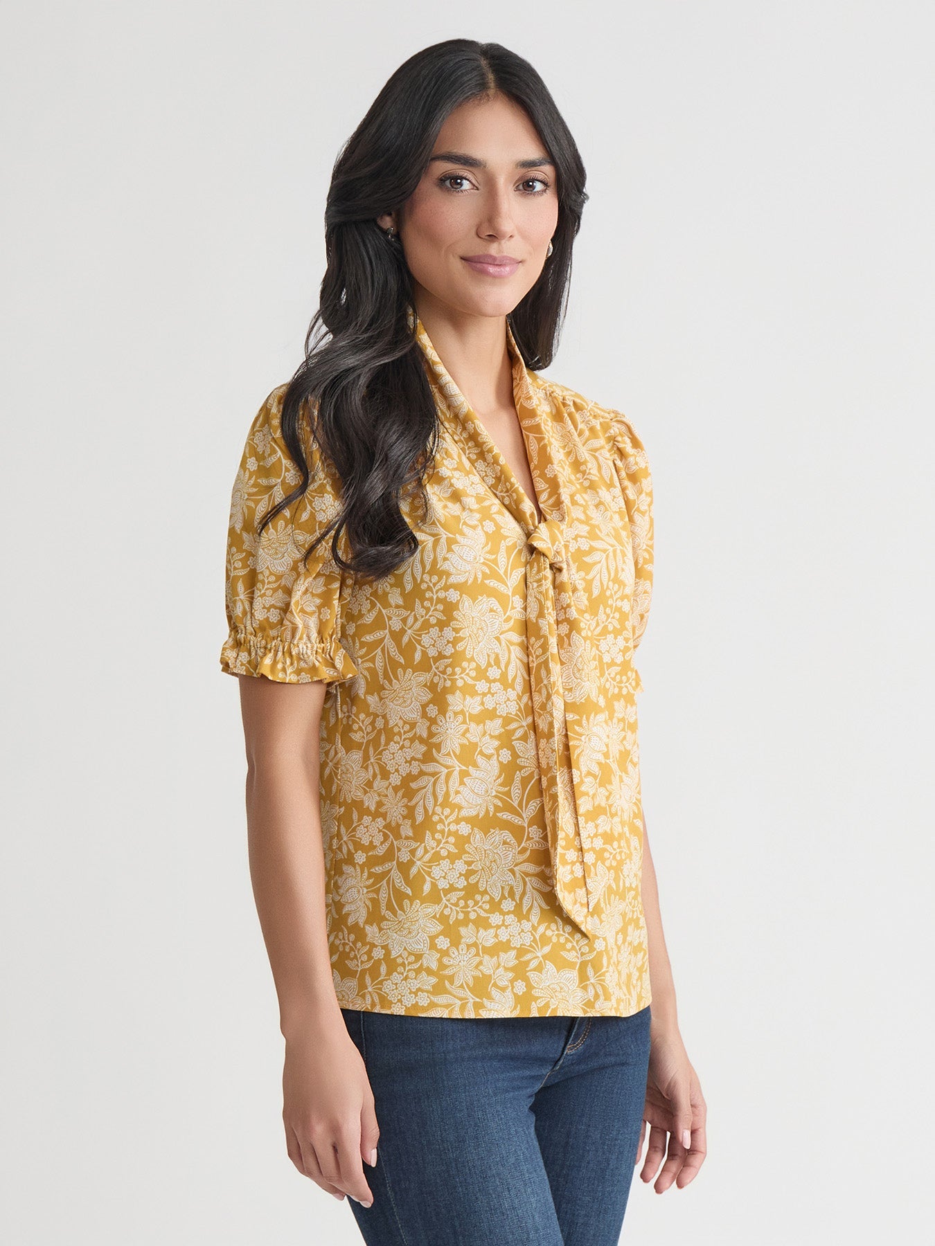 Petite Tie Neck Shirt, Printed Crepe de Chine