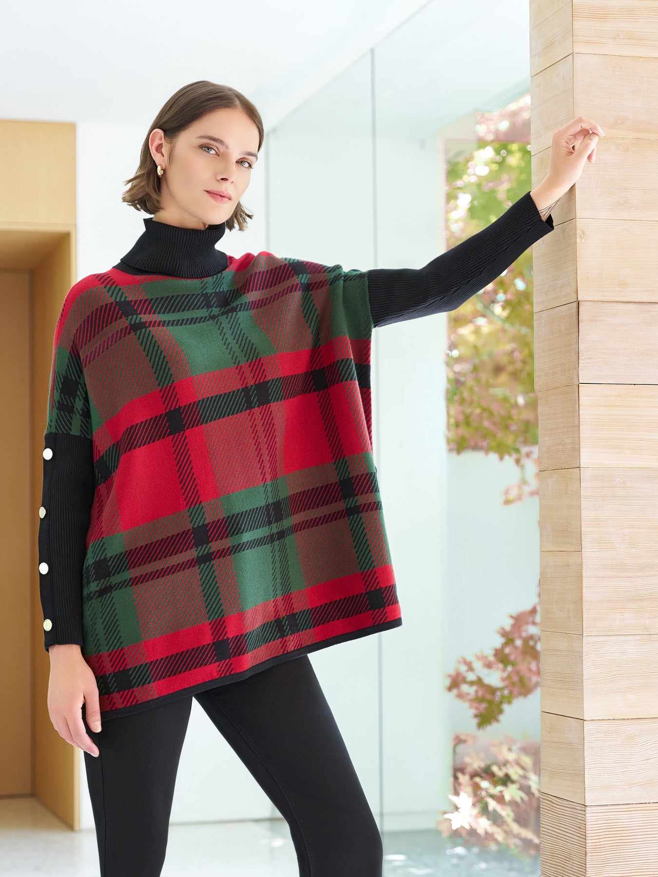 Plaid Turtle Neck Poncho