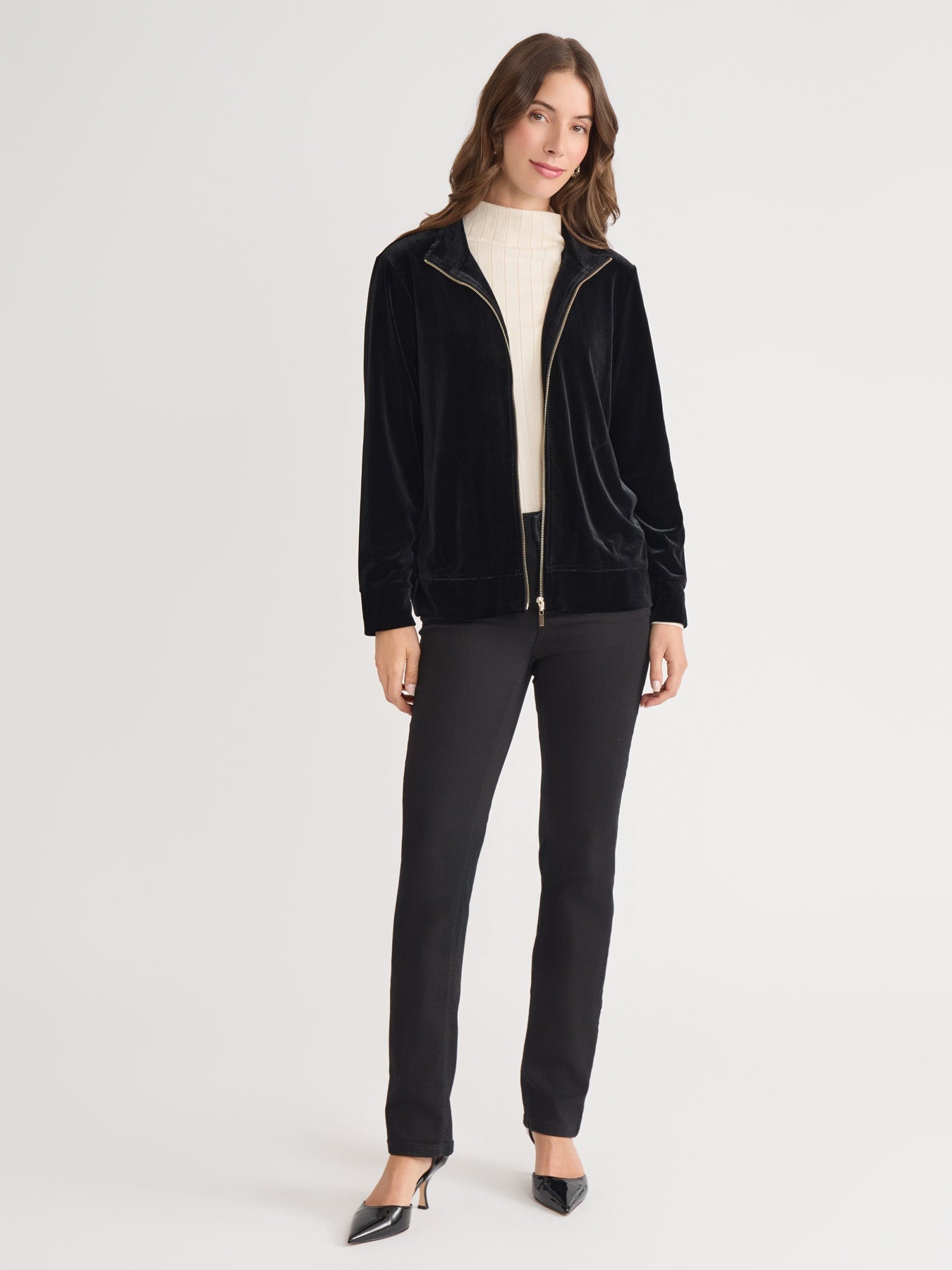 Mock Neck Zip-Front Velour Jacket