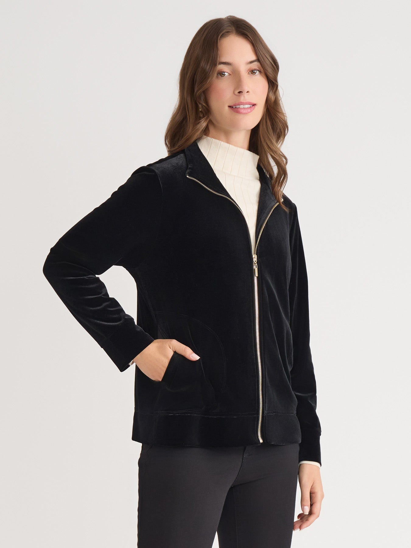 Mock Neck Zip-Front Velour Jacket
