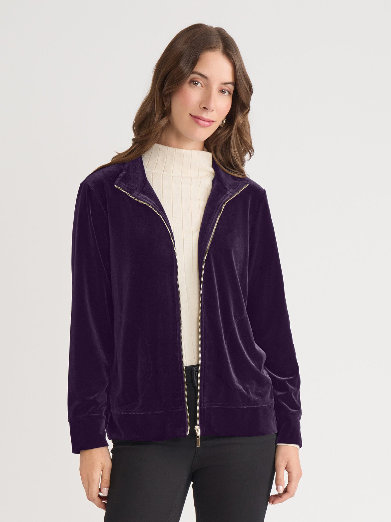 Mock Neck Zip-Front Velour Jacket