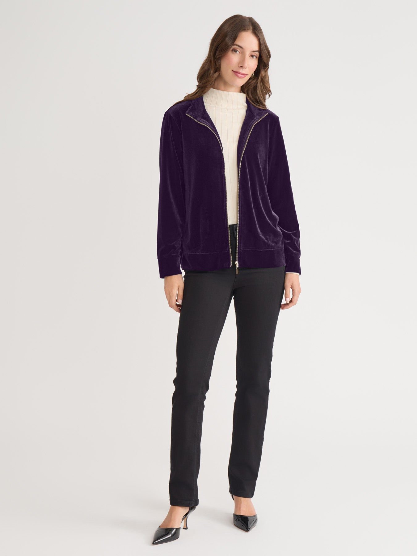 Mock Neck Zip-Front Velour Jacket