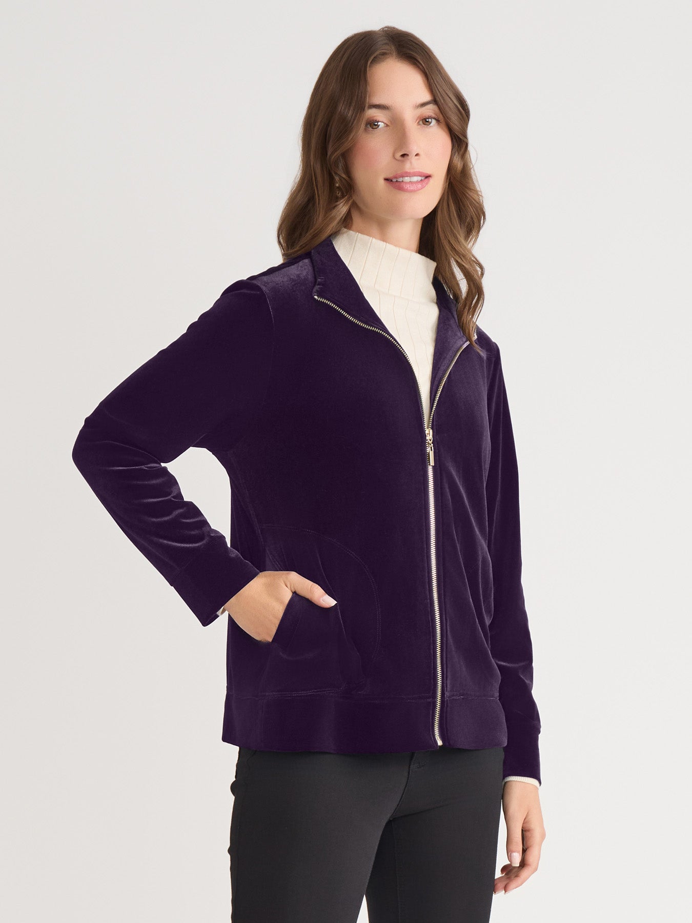 Mock Neck Zip-Front Velour Jacket