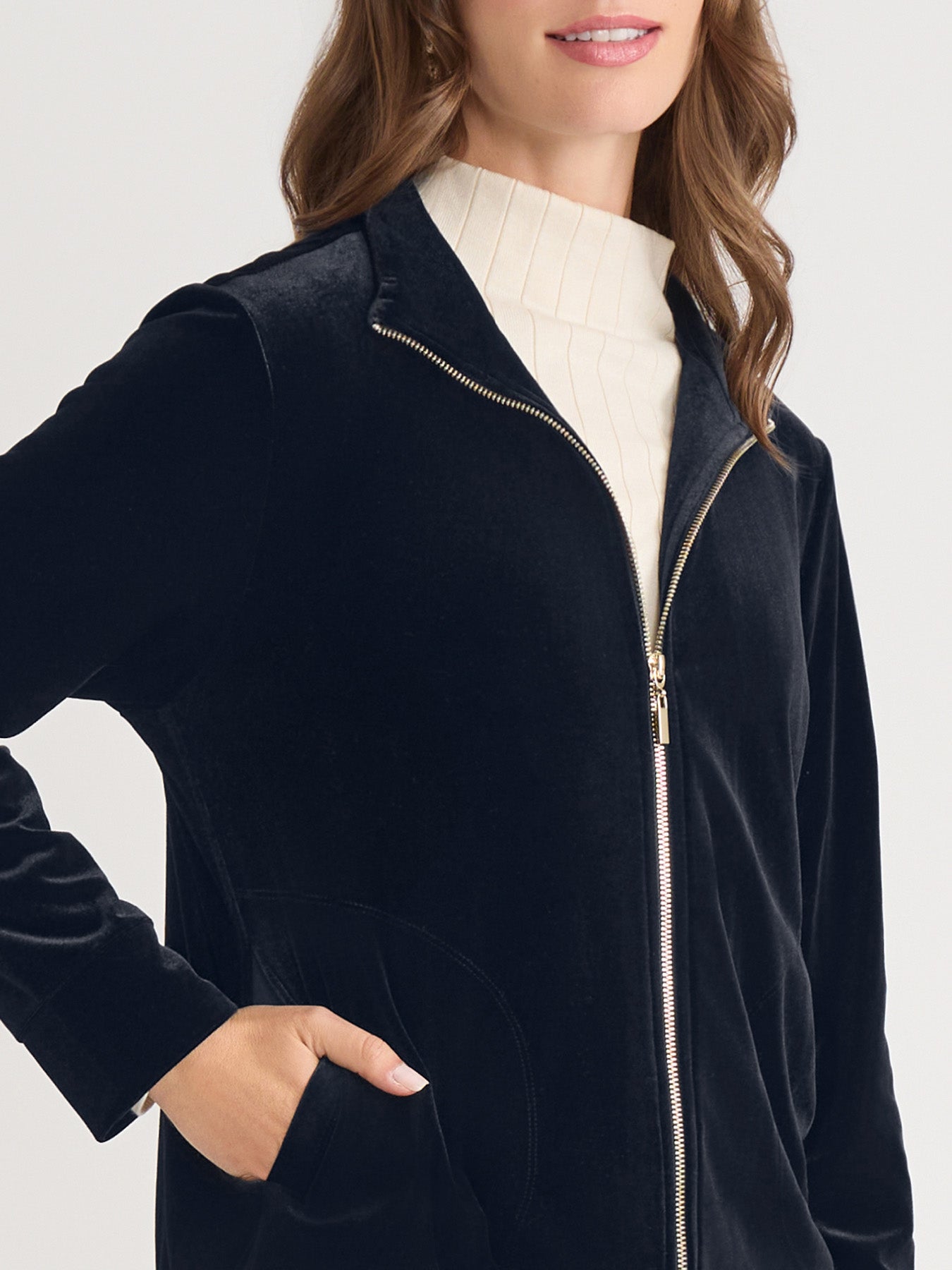 Mock Neck Zip-Front Velour Jacket