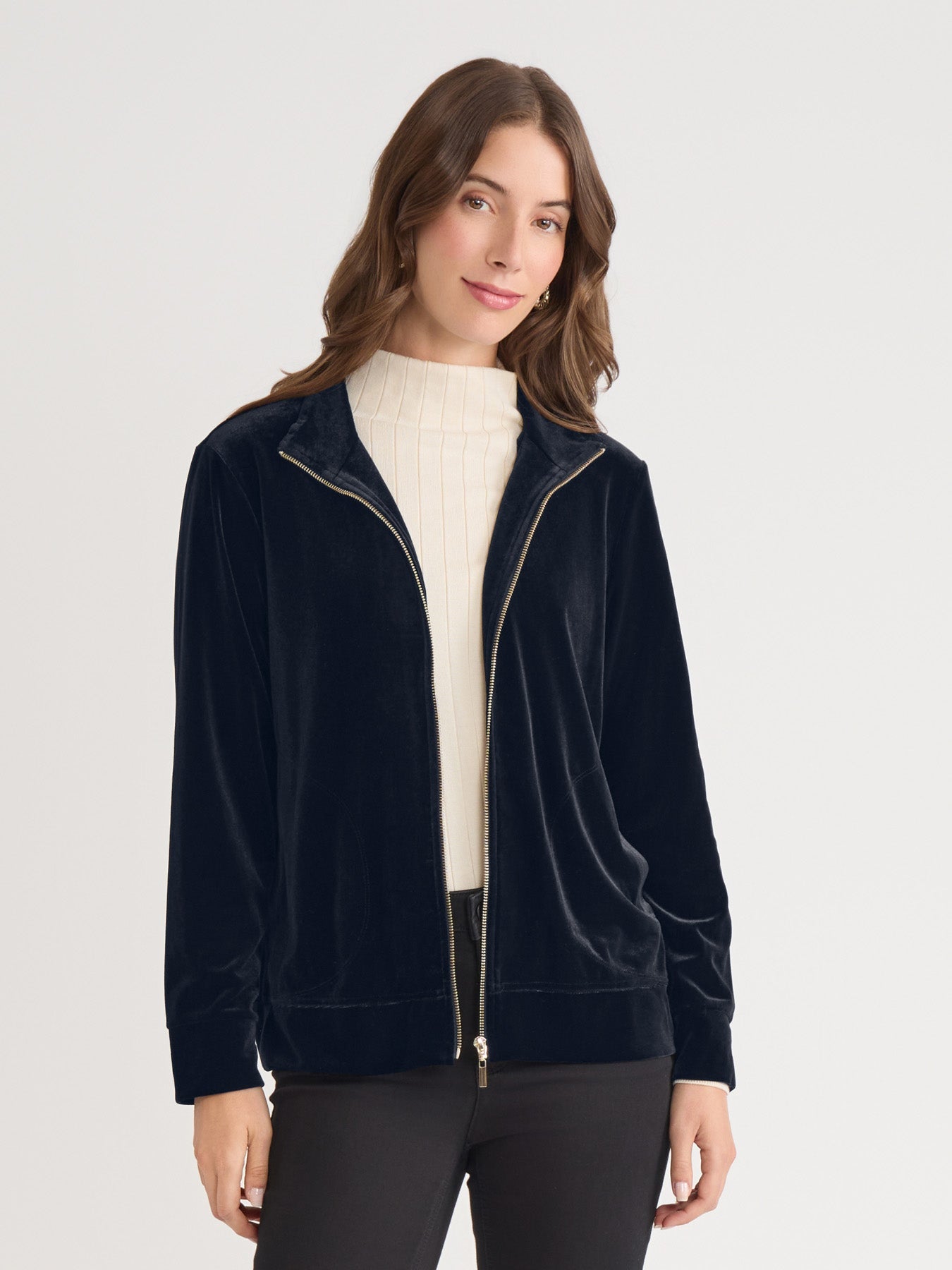 Mock Neck Zip-Front Velour Jacket