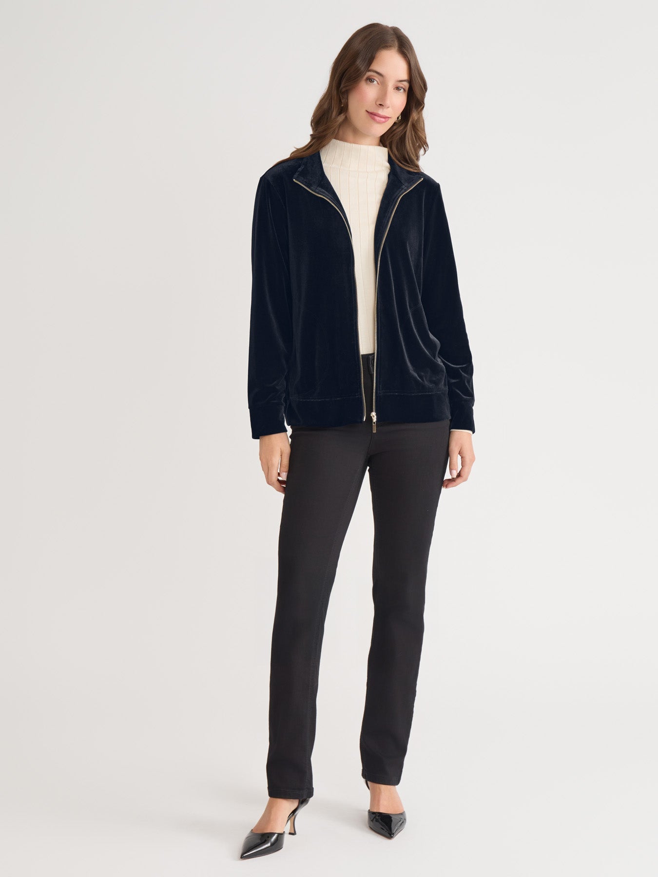 Mock Neck Zip-Front Velour Jacket