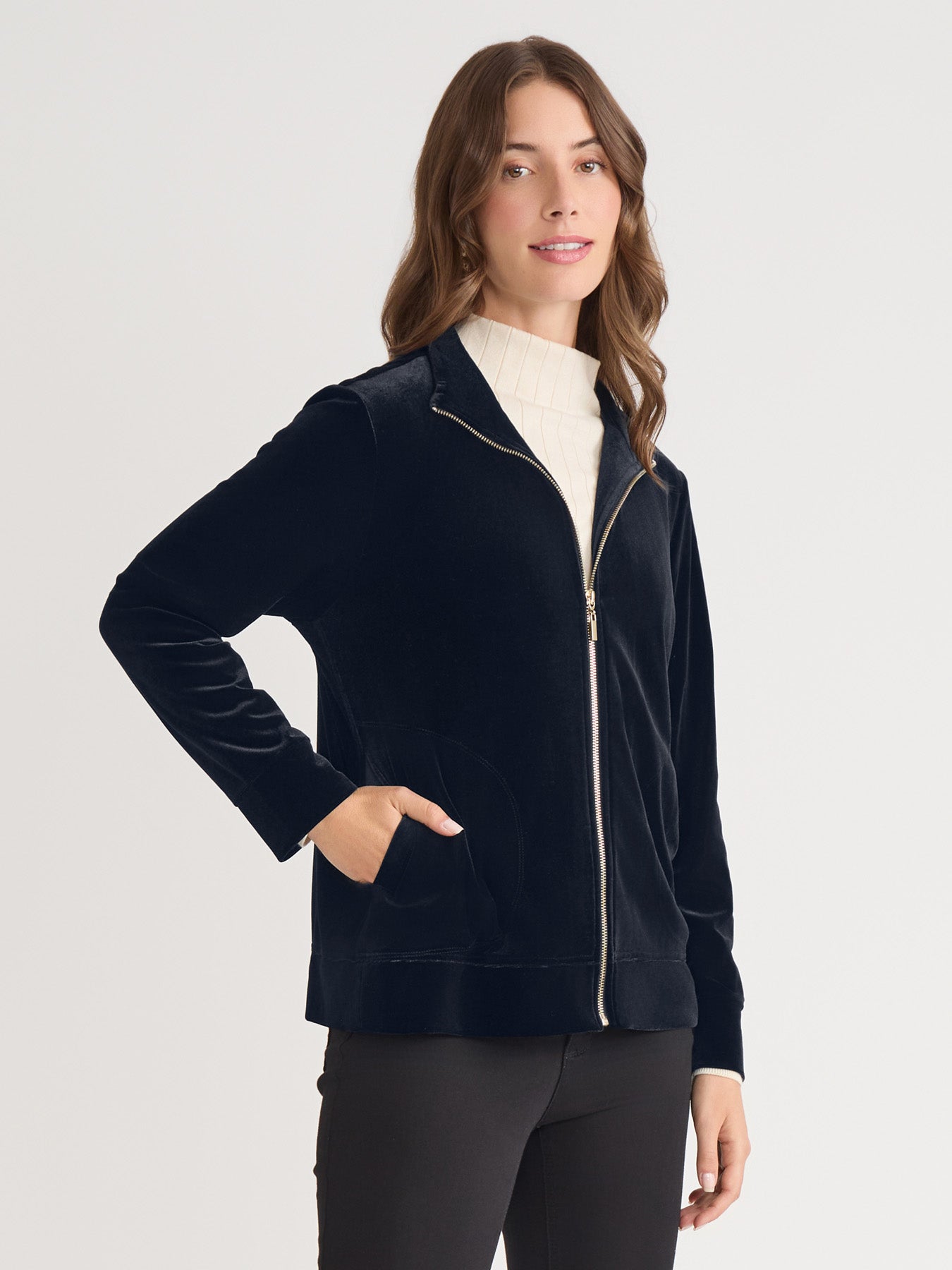 Mock Neck Zip-Front Velour Jacket