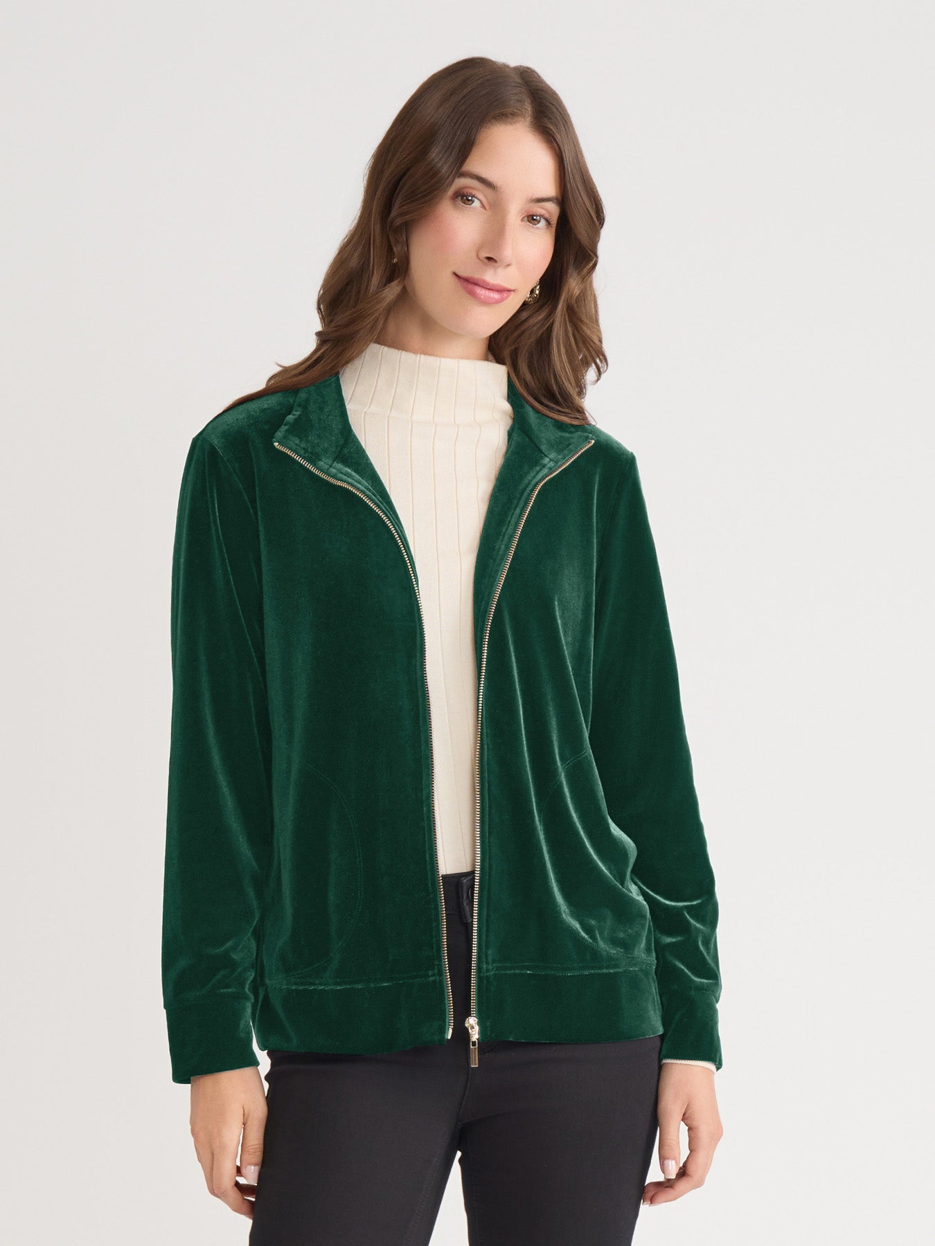 Mock Neck Zip-Front Velour Jacket