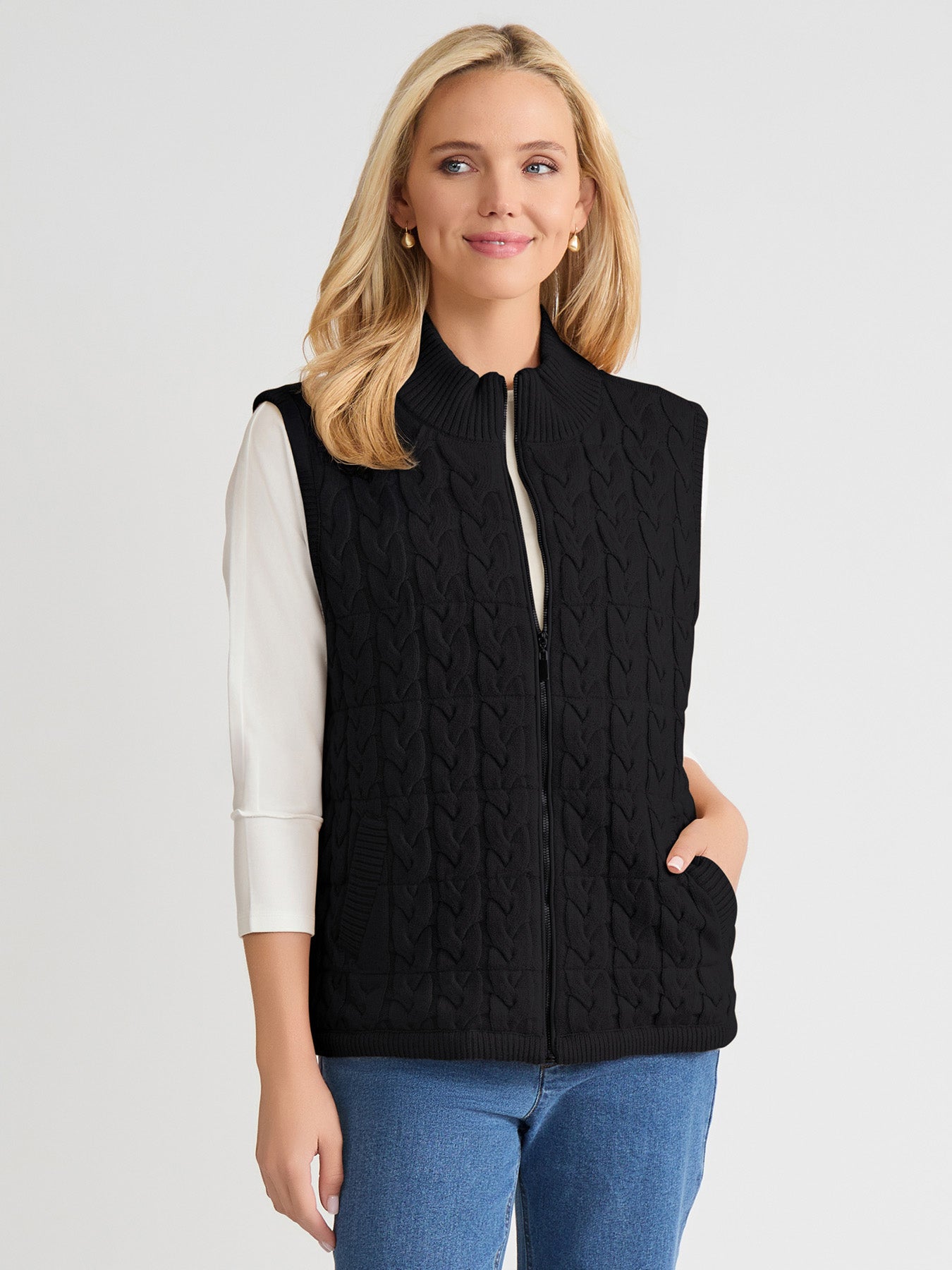 Zip-Front Cable Knit Puffer Vest