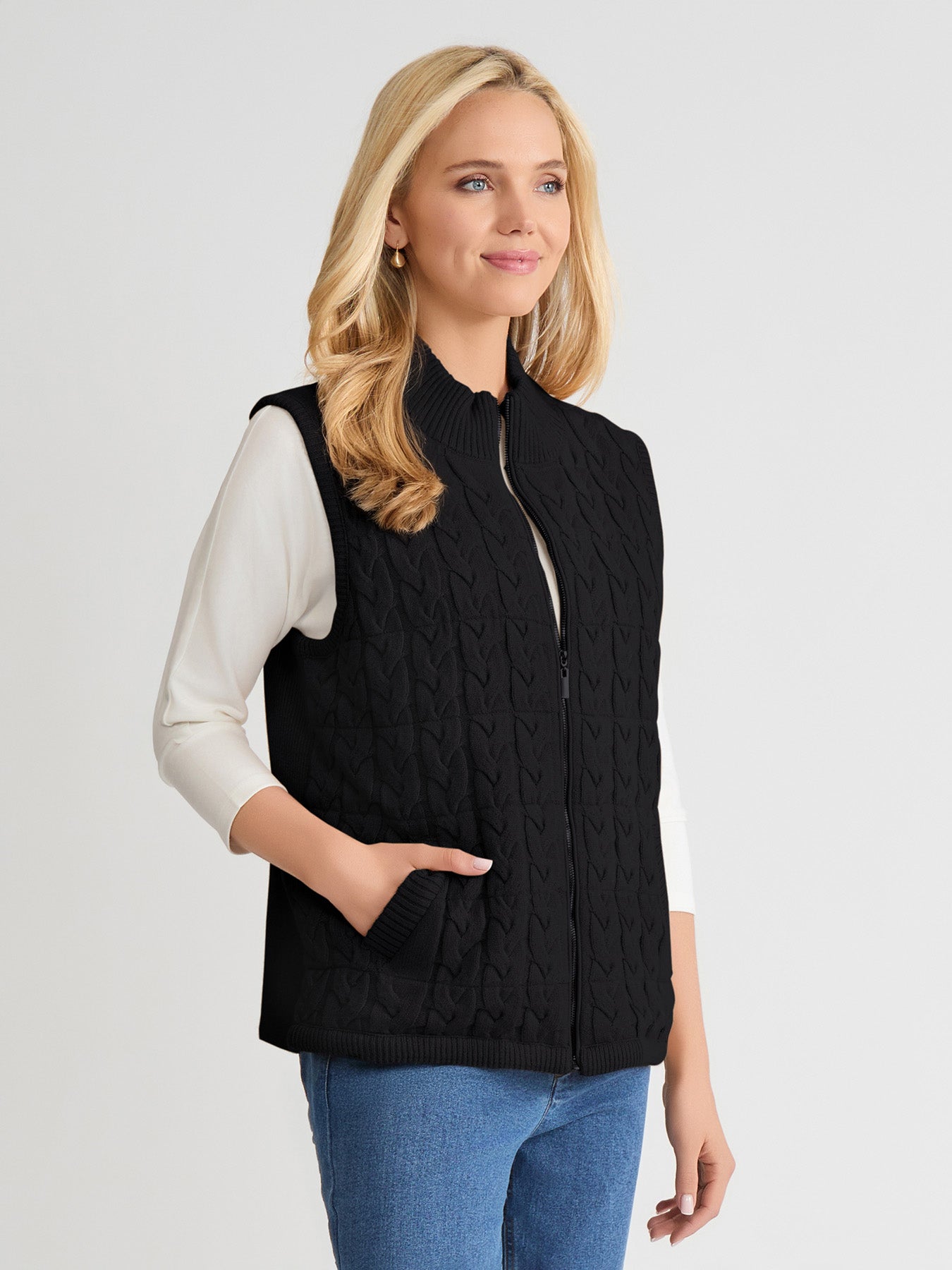 Zip-Front Cable Knit Puffer Vest