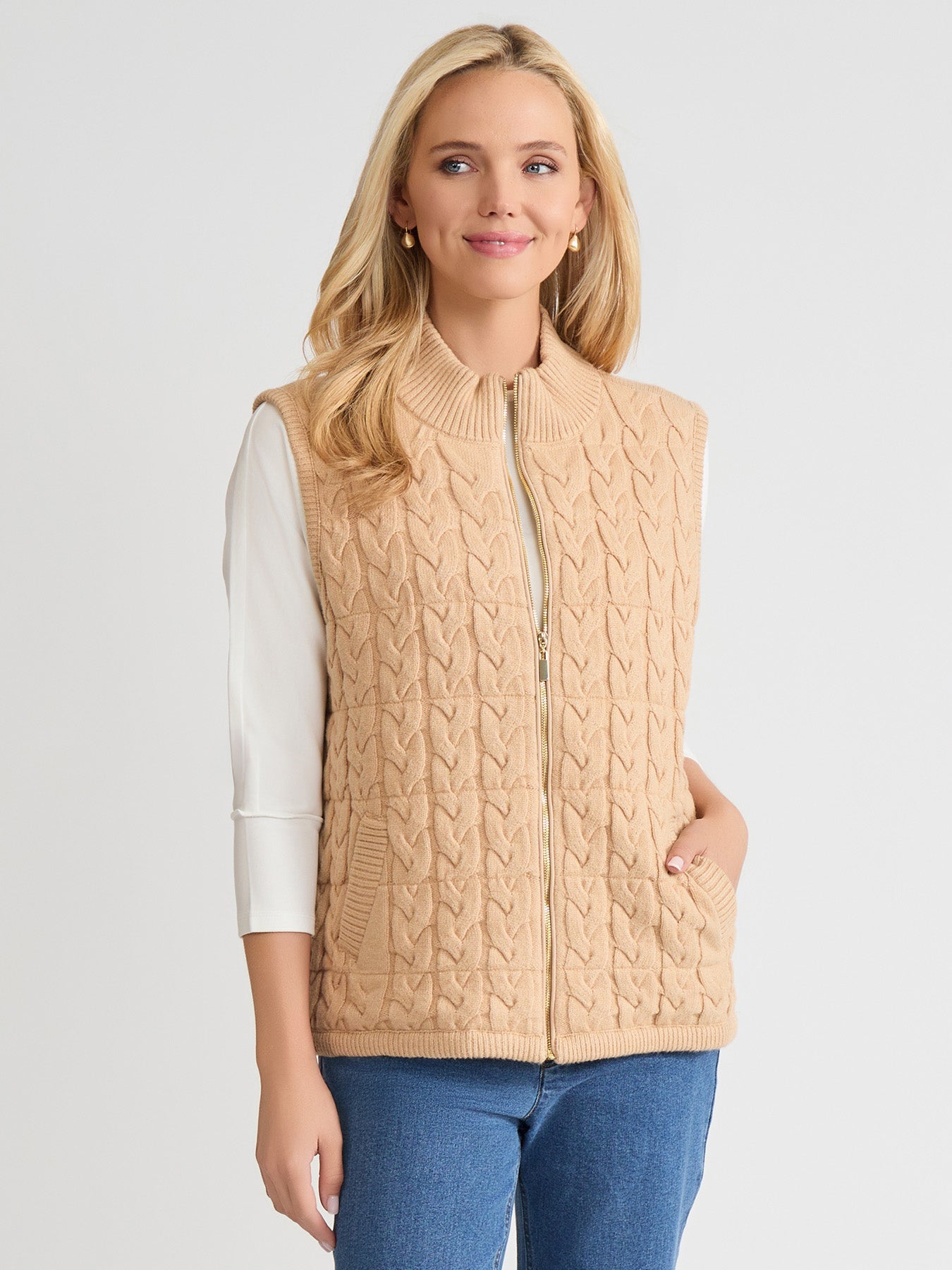 Petite Zip-Front Cable Knit Puffer Vest