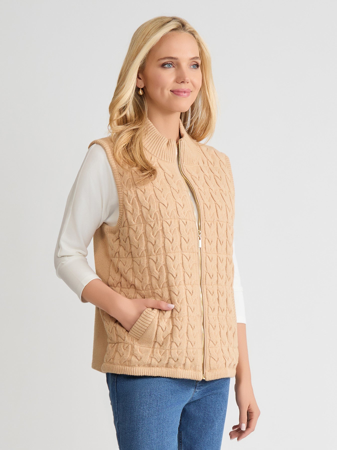 Petite Zip-Front Cable Knit Puffer Vest