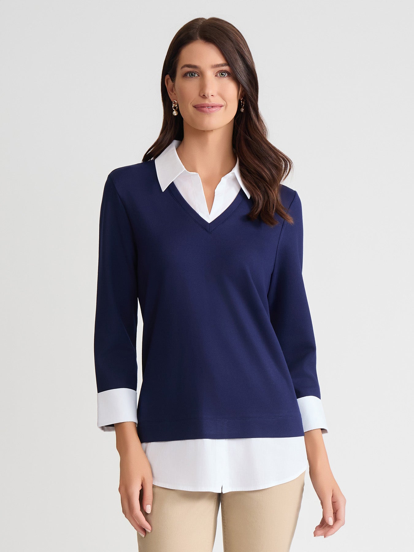 Collared Shirt V-Neck Two-Fer Top