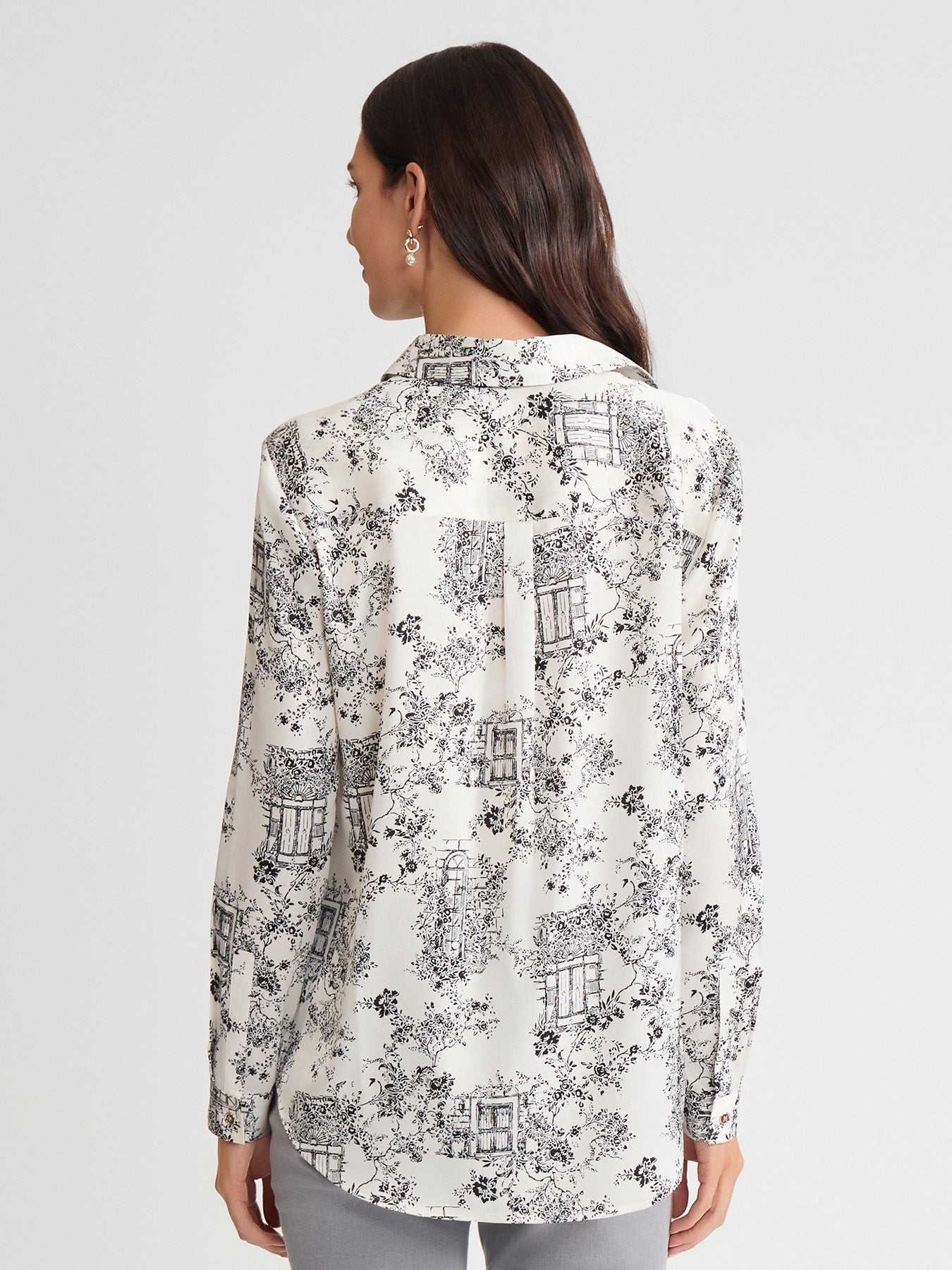 Button-Front Shirt, Printed Flat Satin