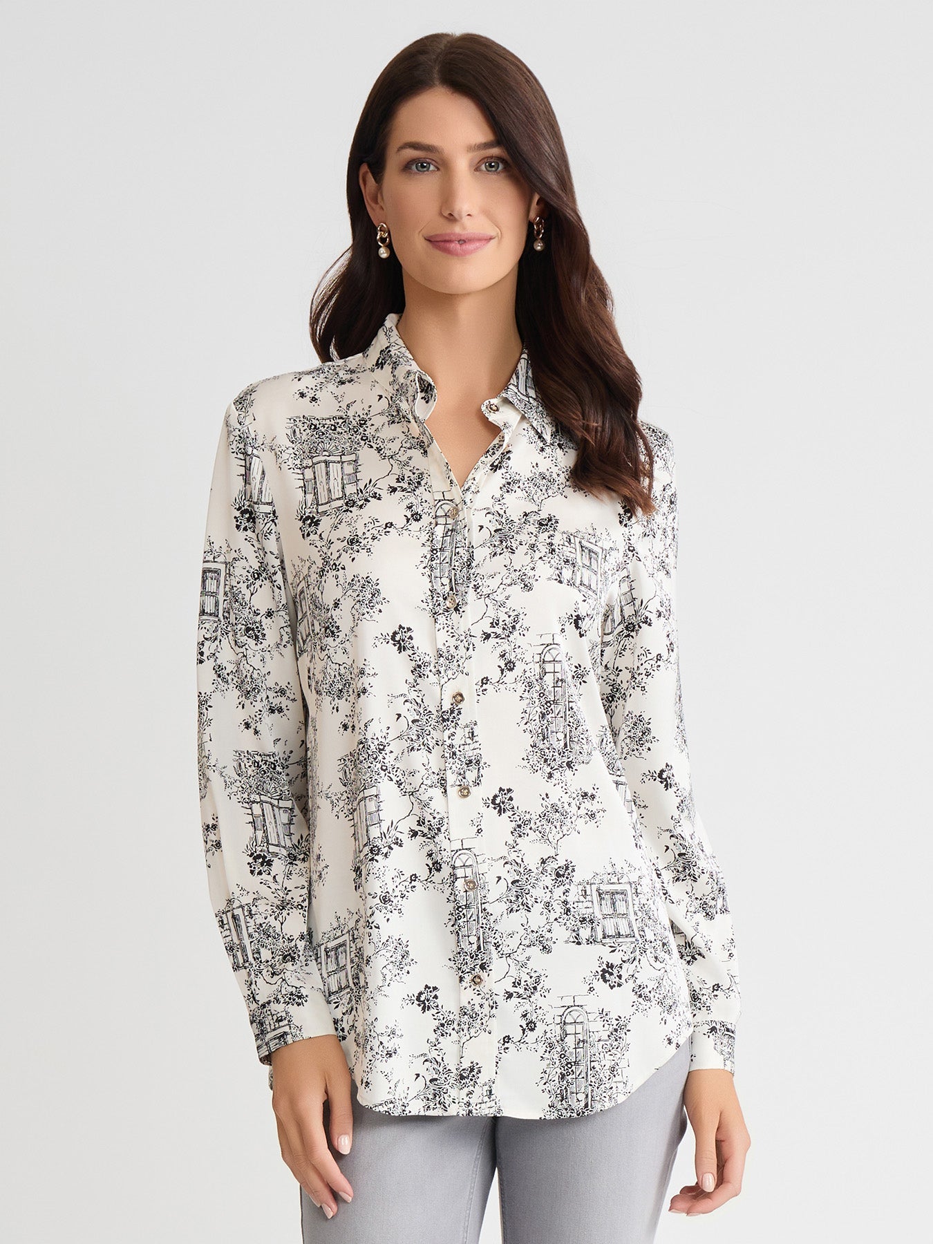 Button-Front Shirt, Printed Flat Satin