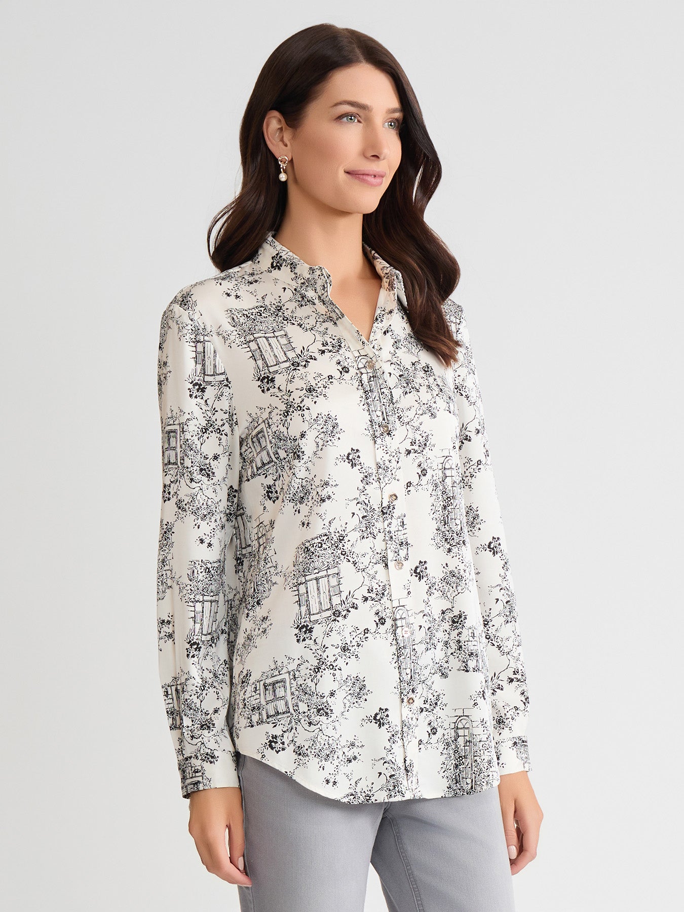 Button-Front Shirt, Printed Flat Satin